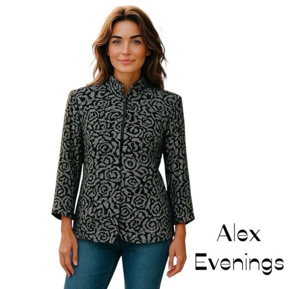 Alex Evenings Black Metallic Silver Glitter Event Glam Jacket Vintage Size L - Picture 1 of 10